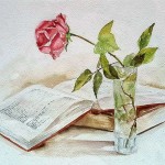 Natura morta con libro e rosa